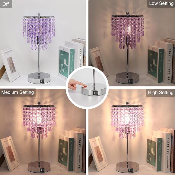 Crystal Table Lamp 3 Way Dimmable Touch Nightstand Light with USB Ports Lavender - Picture 3 of 8